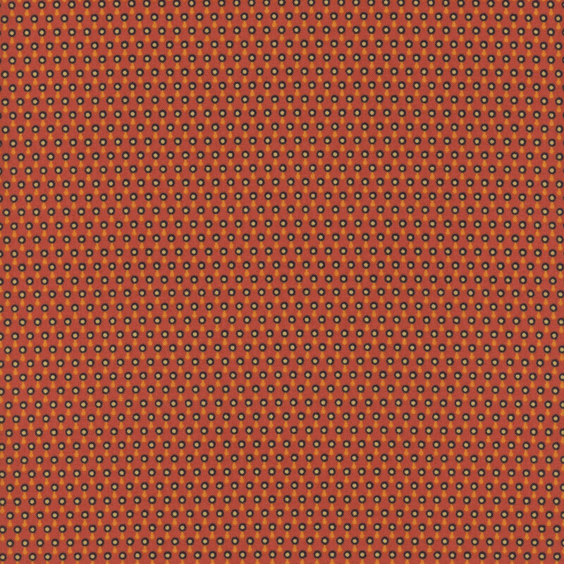 Repeating pattern of small black circles with white and orange accents on a solid orange background.