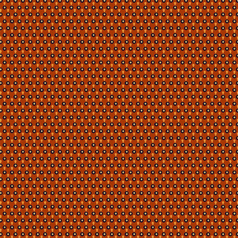 Repeating pattern of small black circles with white and orange accents on a solid orange background.