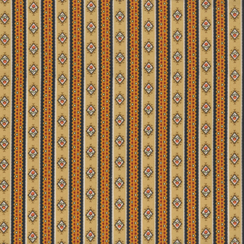A textured fabric pattern featuring vertical stripes in beige, orange, and black with diamond motifs.