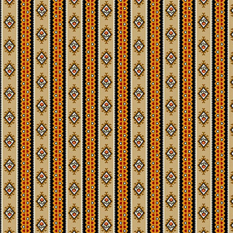 A textured fabric pattern featuring vertical stripes in beige, orange, and black with diamond motifs.