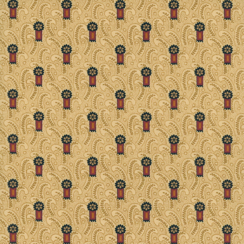 A repeating pattern of stylized flowers and paisley shapes in warm colors on a tan background.