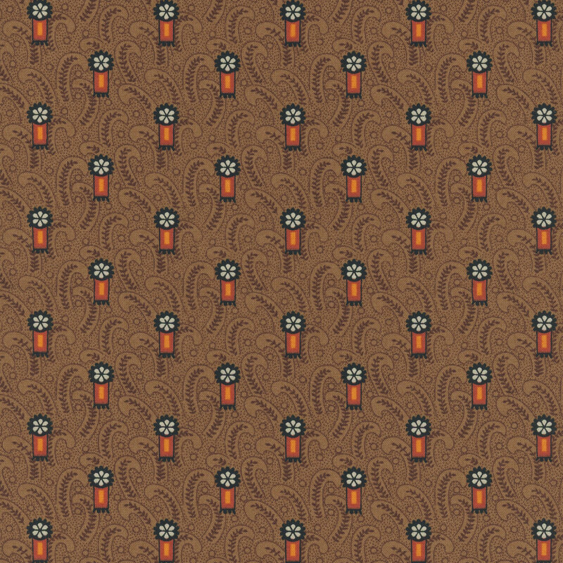 Pattern featuring orange pots with white flowers on a brown background with swirling designs.