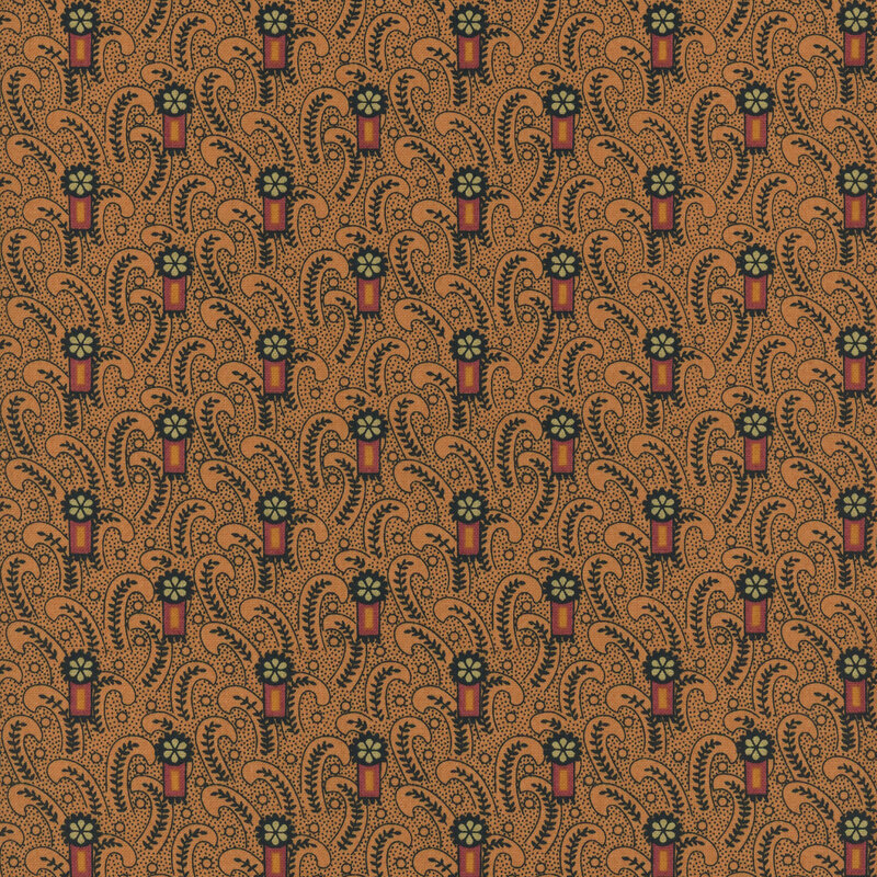An intricate patterned fabric featuring curved lines, flowers, and lantern designs on a warm brown background.