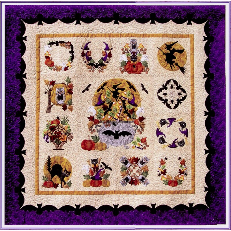 A colorful quilt featuring Halloween-themed patches with witches, bats, pumpkins, and autumn leaves.