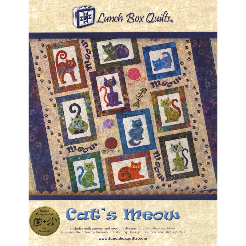 Colorful quilt pattern featuring playful cats in various frames with the title Cat's Meow by Lunch Box Quilts