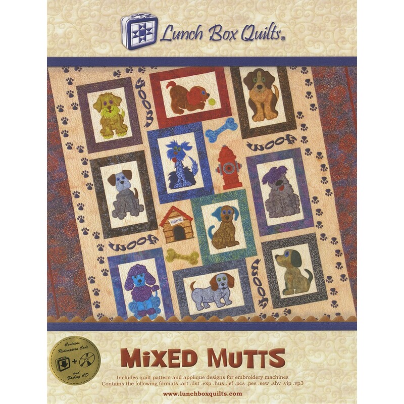 Colorful quilt pattern featuring cartoon dogs in frames, titled Mixed Mutts by Lunch Box Quilts.