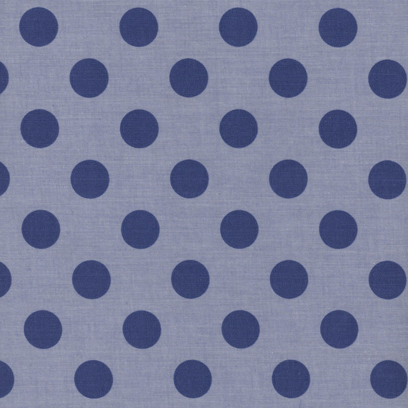 Light blue fabric with dark blue polka dots.