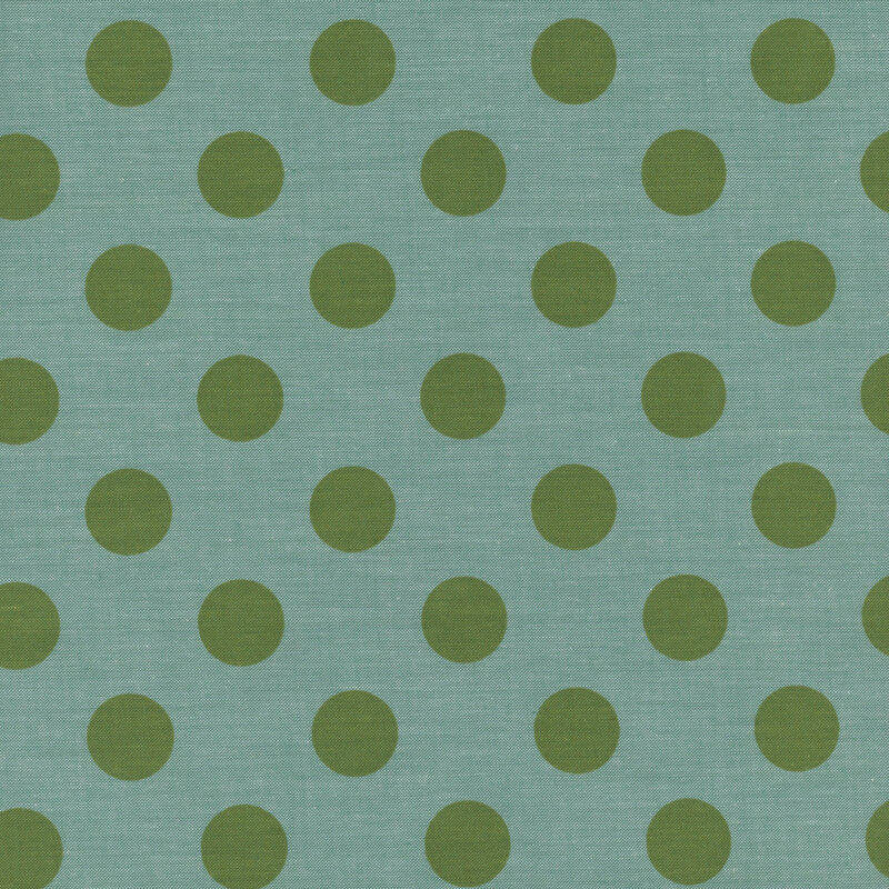 Aqua fabric with grass green polka dots.