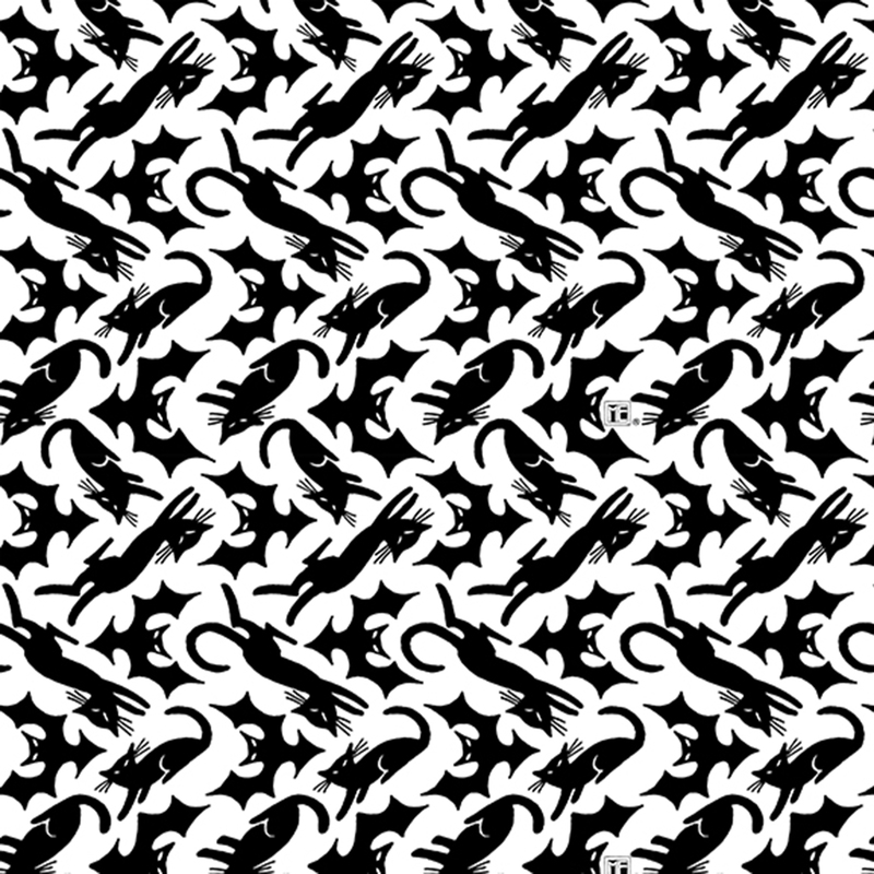 White fabric with black bats and cats drawn in an angular, silhouetted style.