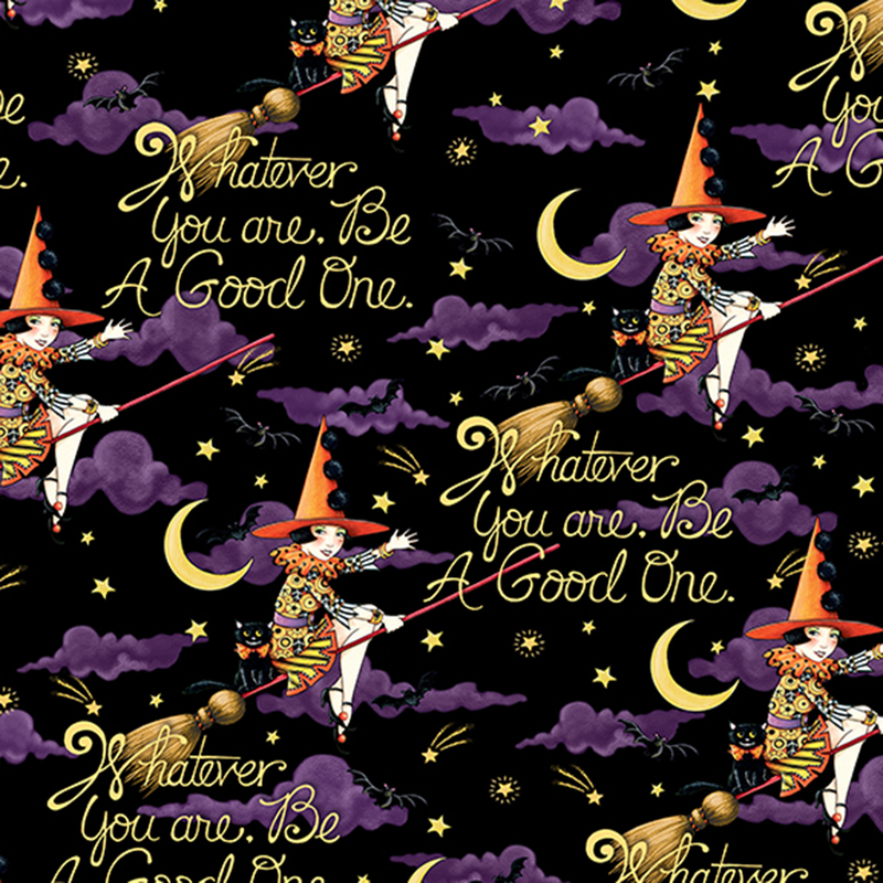 Black fabric with a witch in a clown-like outfit flying amongst purple clouds and crescent moons, with the phrase 