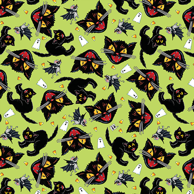 Lime green fabric with tossed hissing cats, ghosts, candy corn, and mice dressed up as bats.