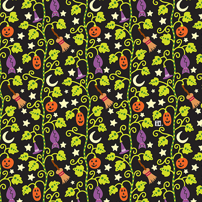 Black fabric with a bright pumpkin patch design with vines stretching across the fabric, and bats, stars, brooms, pumpkins, and stars are nestled within the leaves.