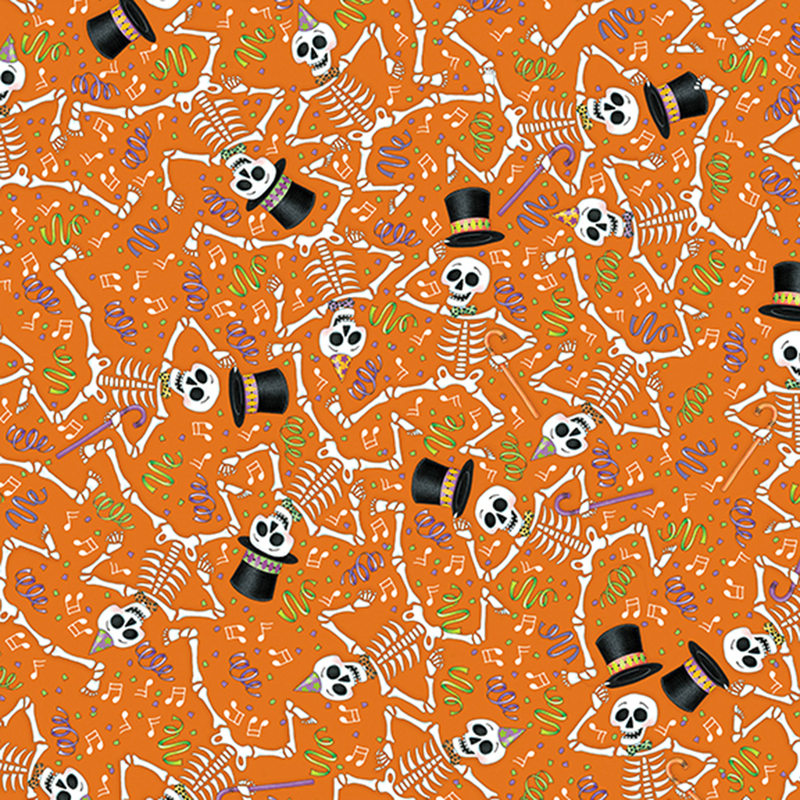 Orange fabric with a packed design of dancing skeletons and colorful confetti and music notes scattered across the background.