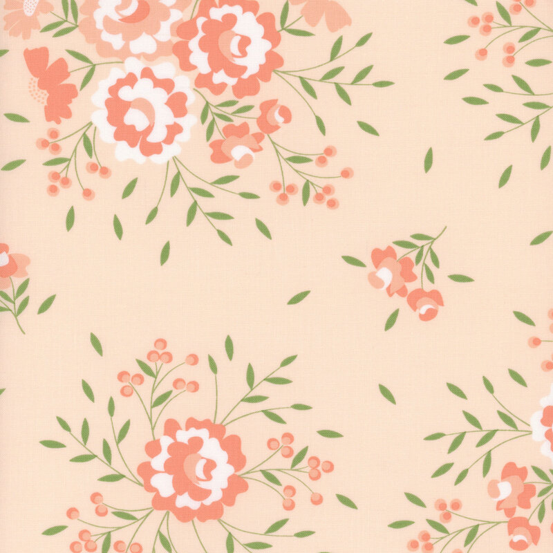 Floral fabric pattern with pink and coral flowers and green leaves on a light beige background.