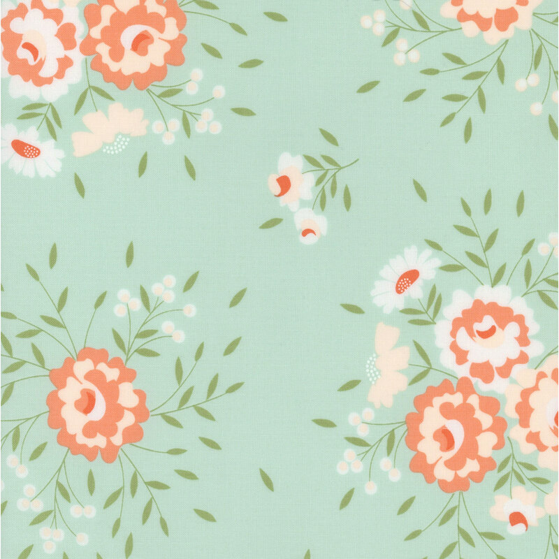 Light green fabric pattern featuring scattered coral and white flowers with delicate leaves.