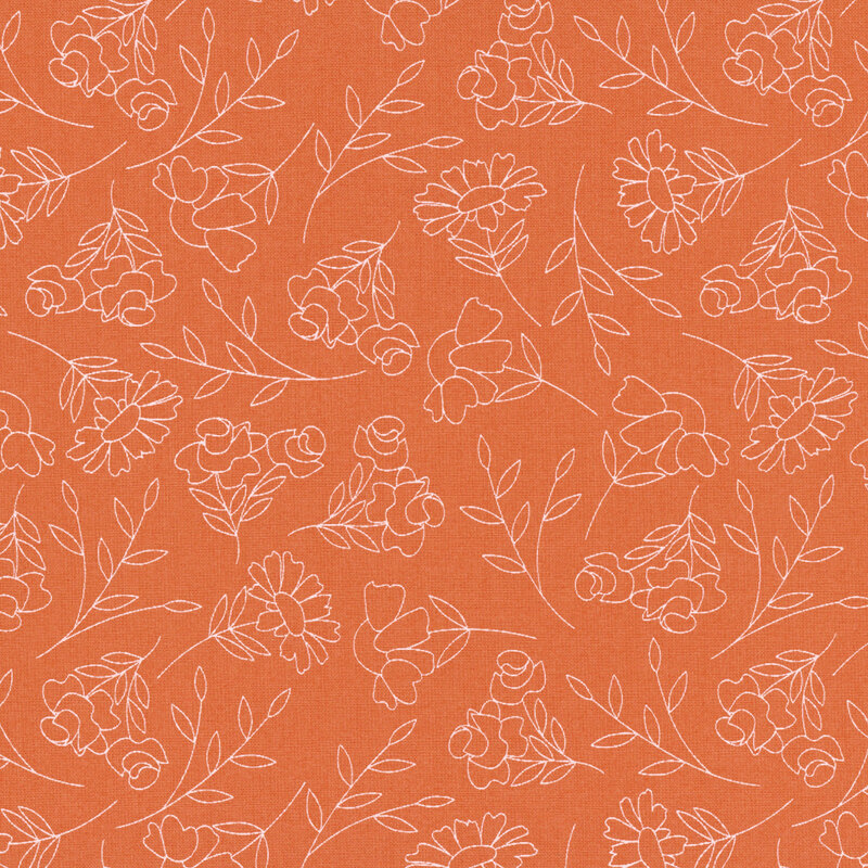 Seamless pattern with white floral outlines on an orange background, featuring various flowers and leaves.