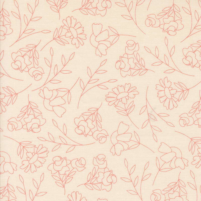 Pink line-drawn floral pattern on a cream background, featuring various flower designs and leaves.