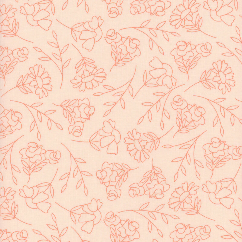 Pink line-drawn floral pattern on a cream background, featuring various flower designs and leaves.