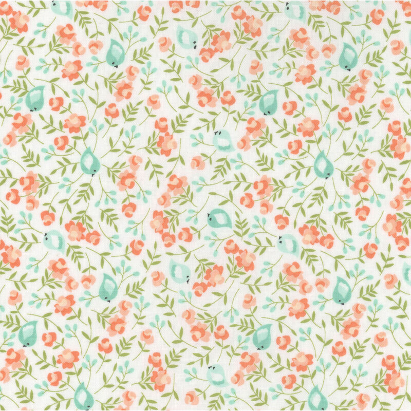 A repeating pattern of small pink flowers, teal leaves, and greenery on a light background.