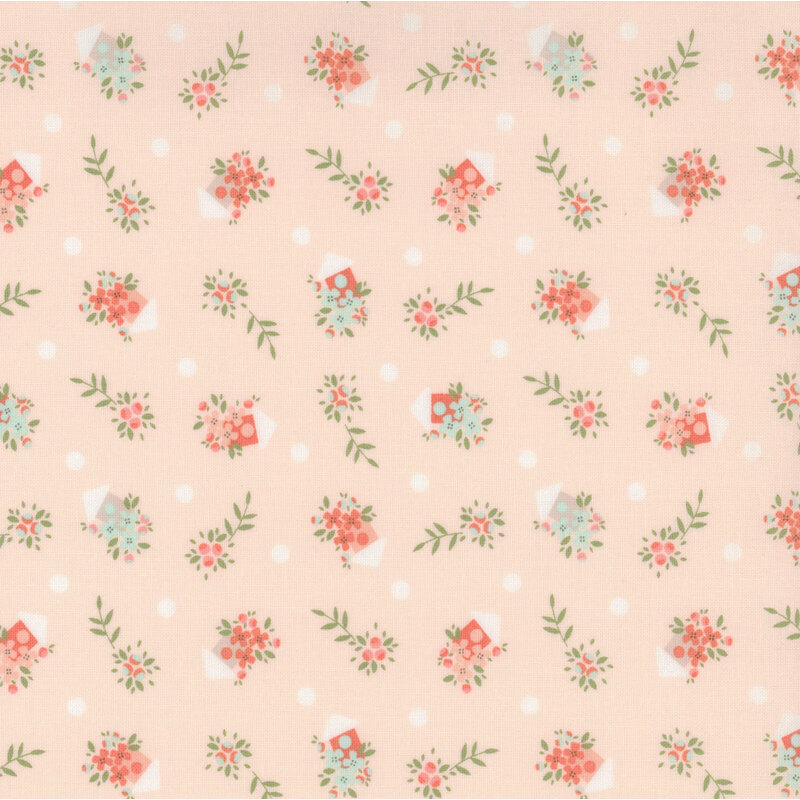 Repeating floral pattern featuring small bouquets in shades of red and green on a light peach background.