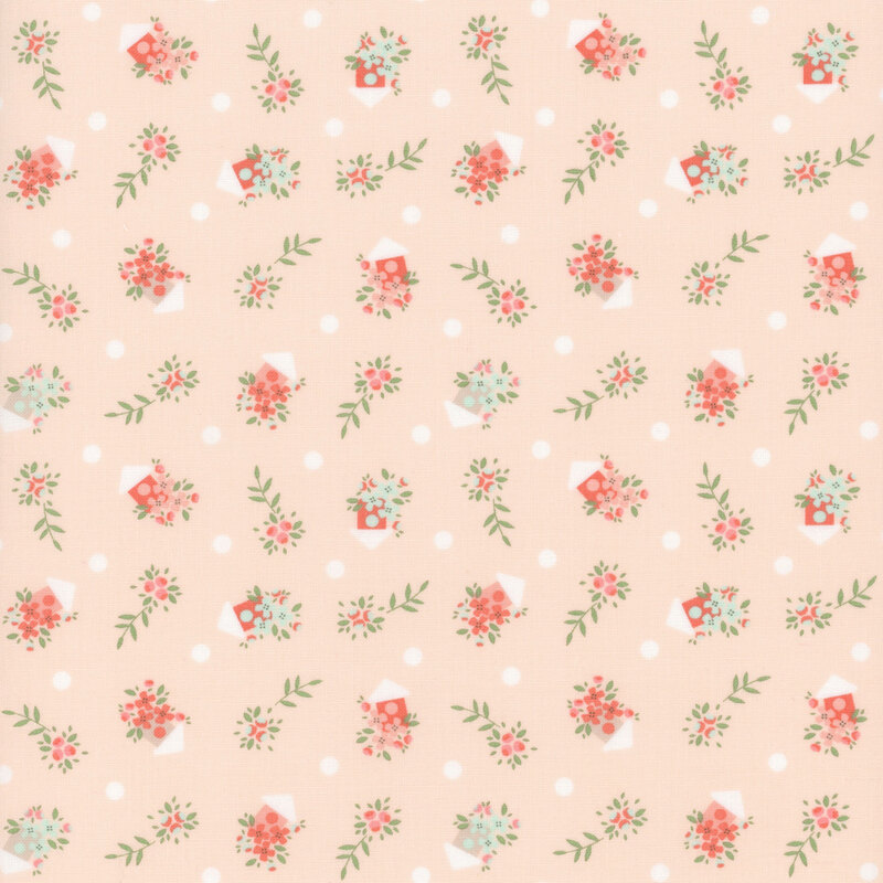 Repeating floral pattern featuring small bouquets in shades of red and green on a light peach background.