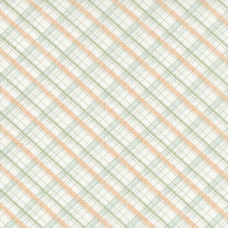 A diagonal plaid pattern featuring soft green, peach, and white lines on a light background.