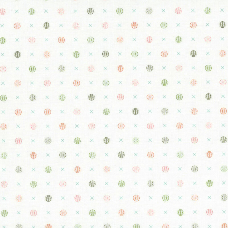 A repeating pattern of pastel-colored dots and crosses on a light background.