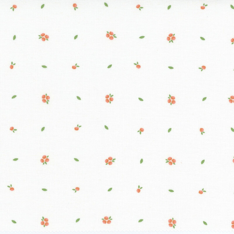 White fabric with a scattered pattern of small orange flowers and green leaves.