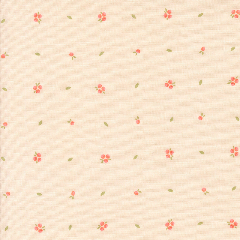 Cream fabric with a scattered pattern of small pink flowers and green leaves.