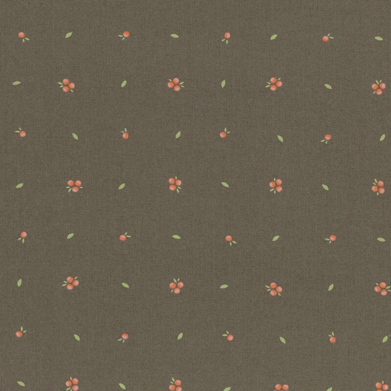 Olive green fabric with a repeating pattern of small red flowers and green leaves.