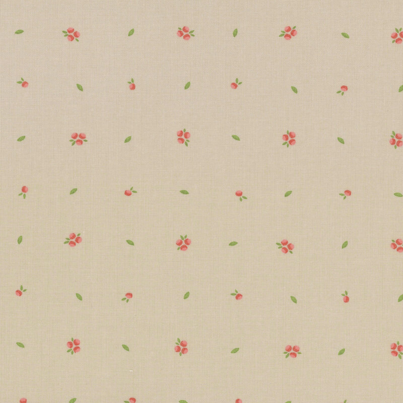 Light beige fabric with a scattered pattern of small red flowers and green leaves.