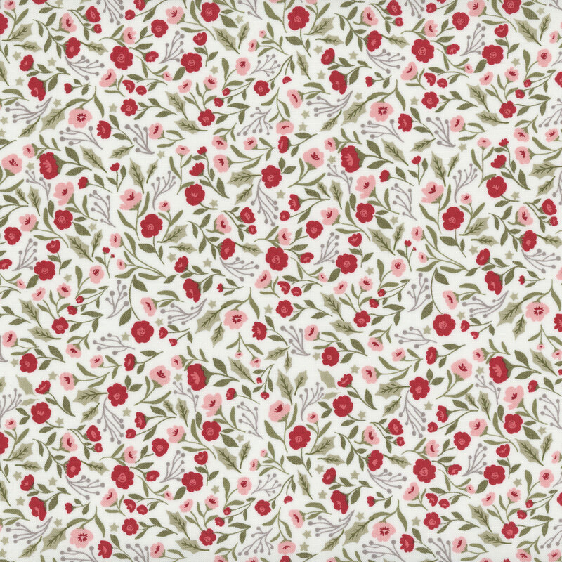 White fabric with packed red and light pink florals, green leaves, and gray holly accents.