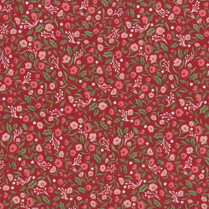 Red fabric with packed pink and light pink florals, sage green leaves, and white holly accents.