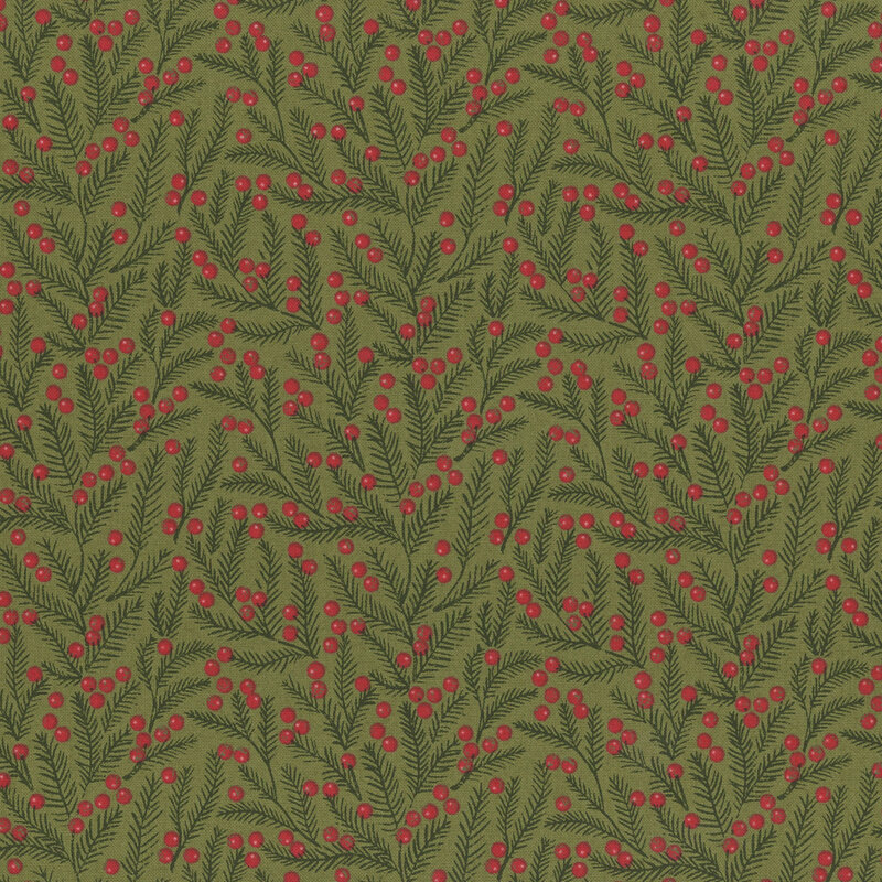 Rich sage green fabric with tonal dark green branches and red winter berries.