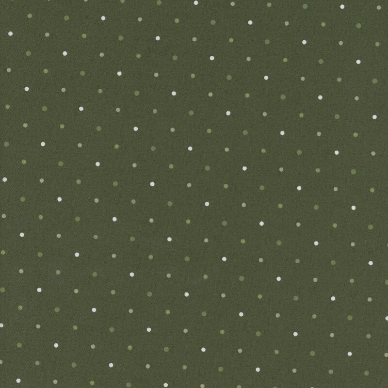 Evergreen fabric with a green, white, and gray polka dot pattern.