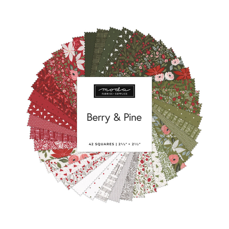 Fanned out collage of the fabrics included in the Berry And Pine Mini Charm Pack.