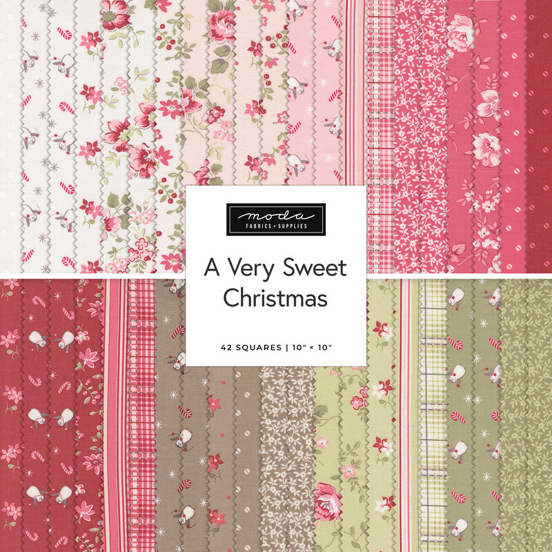 Fabric swatches titled A Very Sweet Christmas featuring floral and festive patterns in pink, green, and cream.