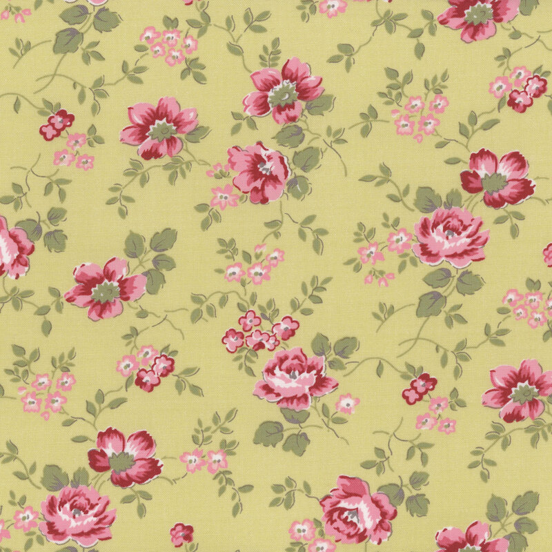 Floral pattern featuring pink and red roses on a bright green background with delicate greenery.