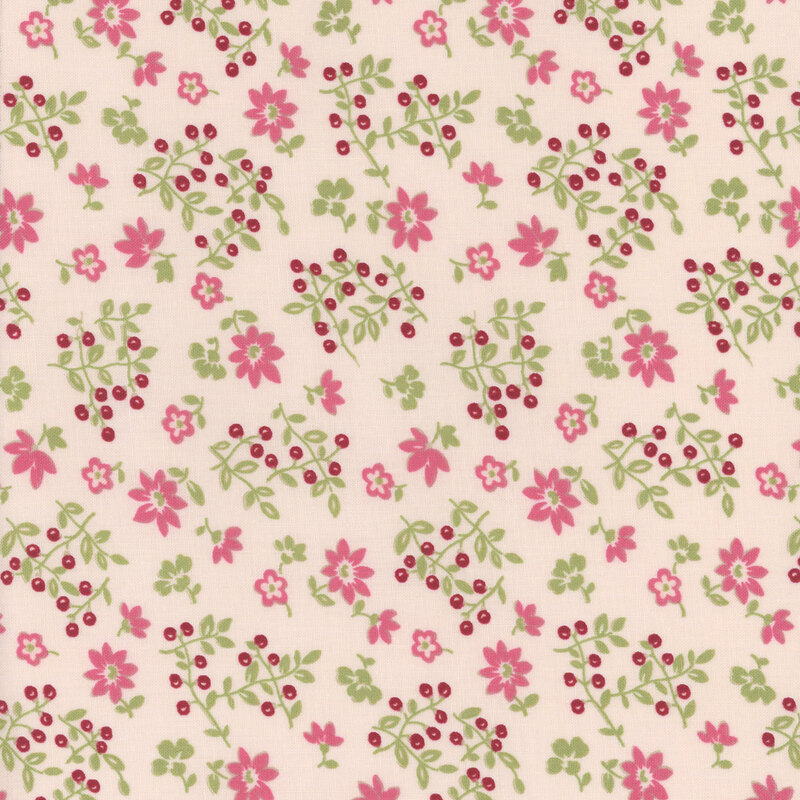 Floral fabric pattern featuring pink and red flowers with green leaves on a light pink background.