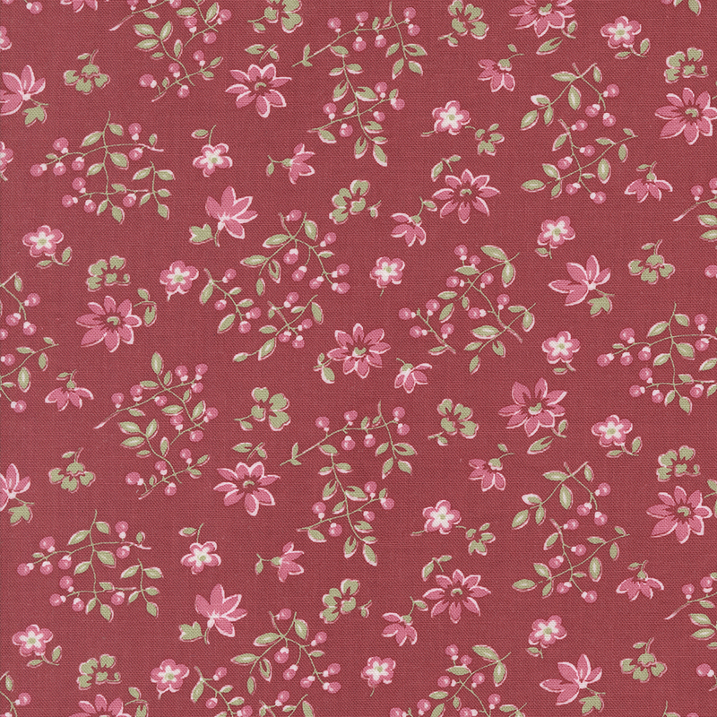 Floral pattern with pink flowers and green stems on a deep red background.