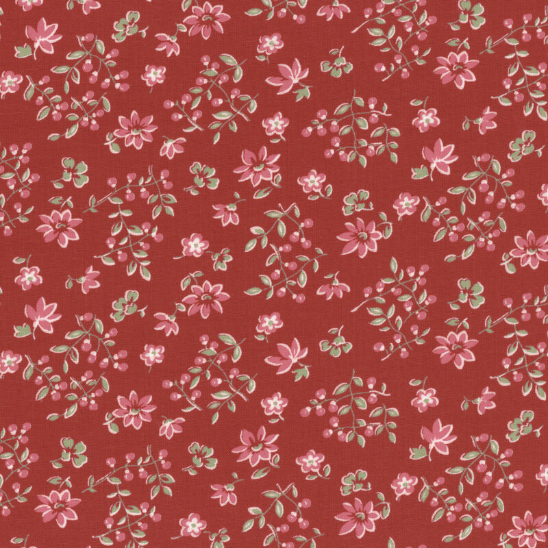 Floral fabric with pink flowers and green stems on a deep red background.