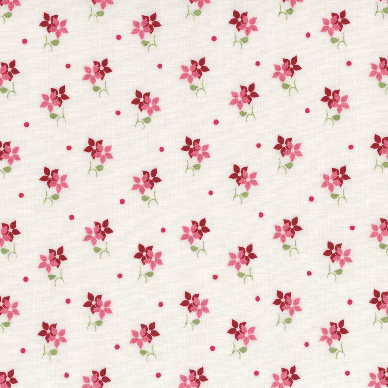 Repeating pattern of pink and burgundy flowers with green leaves on a light cream background.