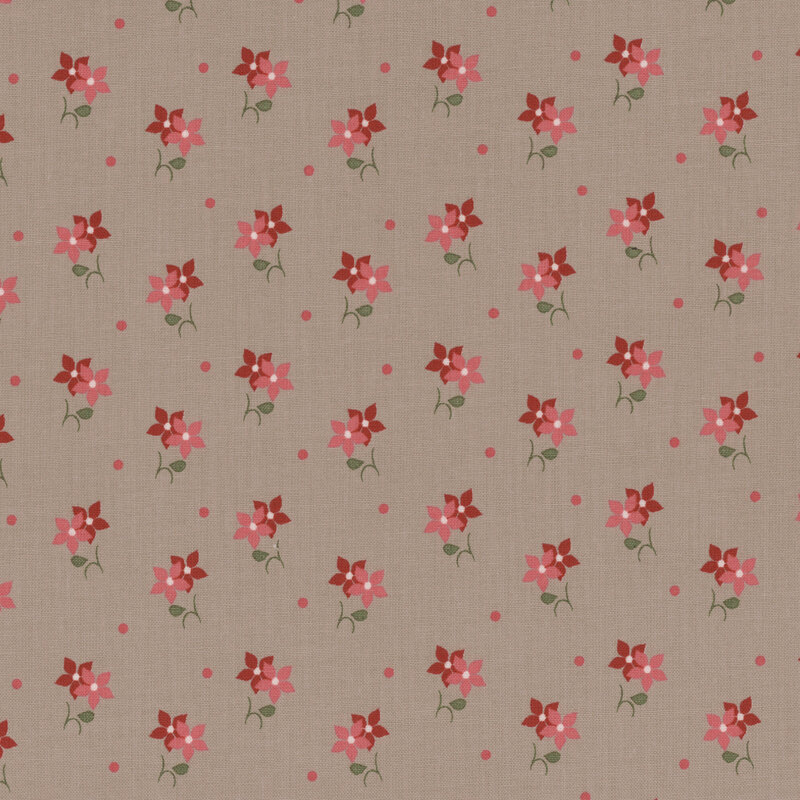 A taupe fabric pattern with scattered small pink and red flowers and green stems.