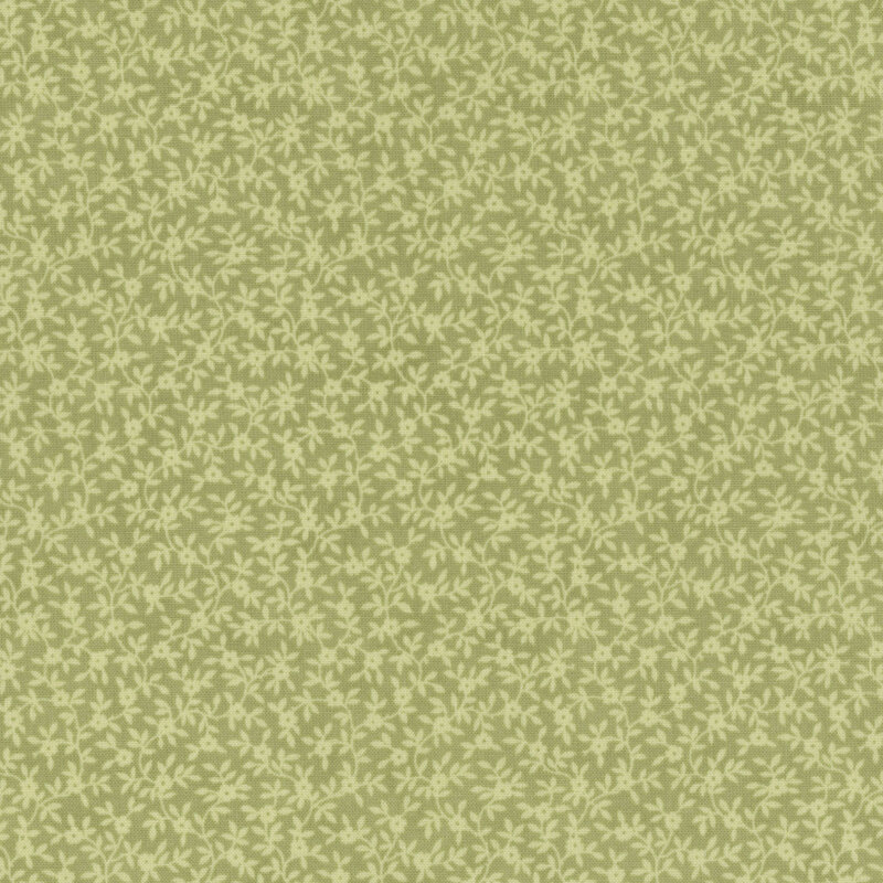 Repeating floral pattern in light green over a darker green background.