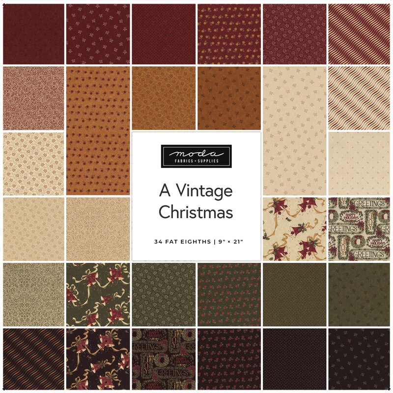 A grid of 34 fabric swatches in Christmas-themed patterns and colors, labeled A Vintage Christmas.