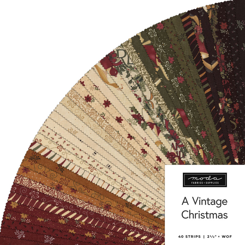 Colorful fabric strips arranged in a fan shape, labeled A Vintage Christmas by Moda.