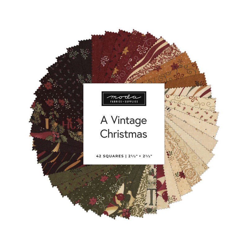 A circular arrangement of 42 fabric squares labeled A Vintage Christmas by Moda Fabrics.