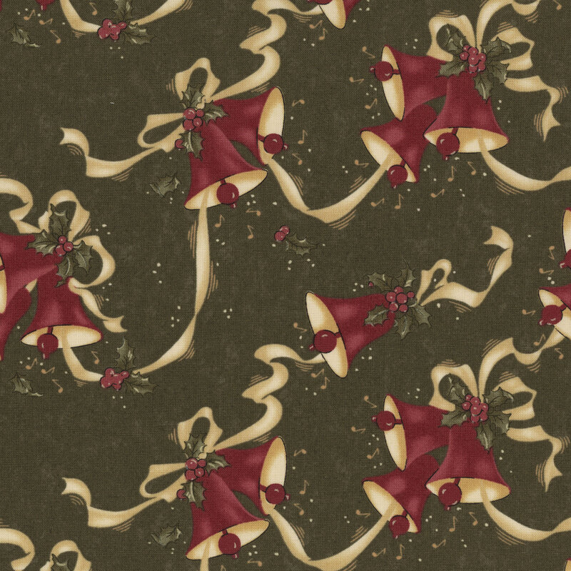 Repeating pattern of red bells with ribbons and holly on a dark green background.