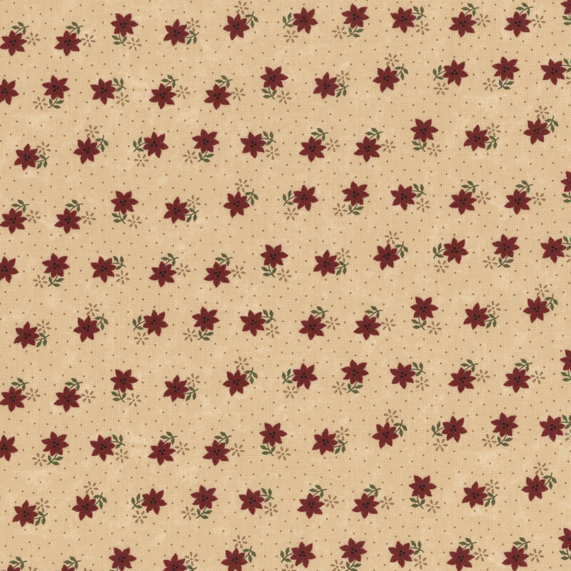 A beige fabric pattern featuring red flowers and green leaves, evenly spaced throughout.