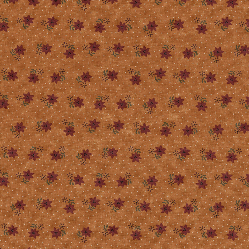 Orange fabric with a repeating pattern of dark red flowers and small green leaves.